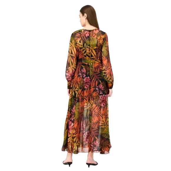 Spy Zone Exchange Black, Orange Gold Green Leaf Print Maxi Wrap Dress - Size M - Picture 4 of 10